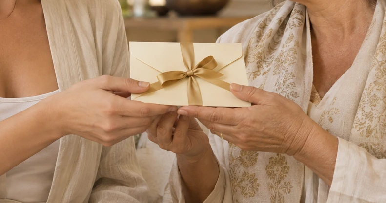 Manos entregando un voucher regalo con lazo dorado